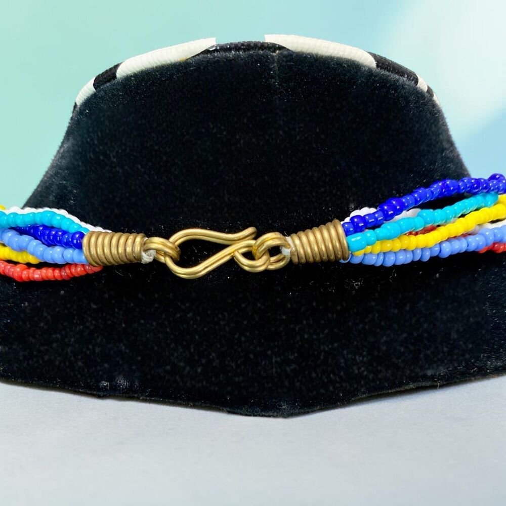 Kenyan Artisan Brass Bib Necklace Multi Color Glass Seed Bead Fringe Statement - Picture 3 of 5